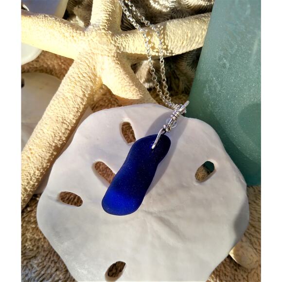Seaglass Cobalt Blue Necklace Handmade Sterling Silver Sea Glass Beach - Picture 4 of 10